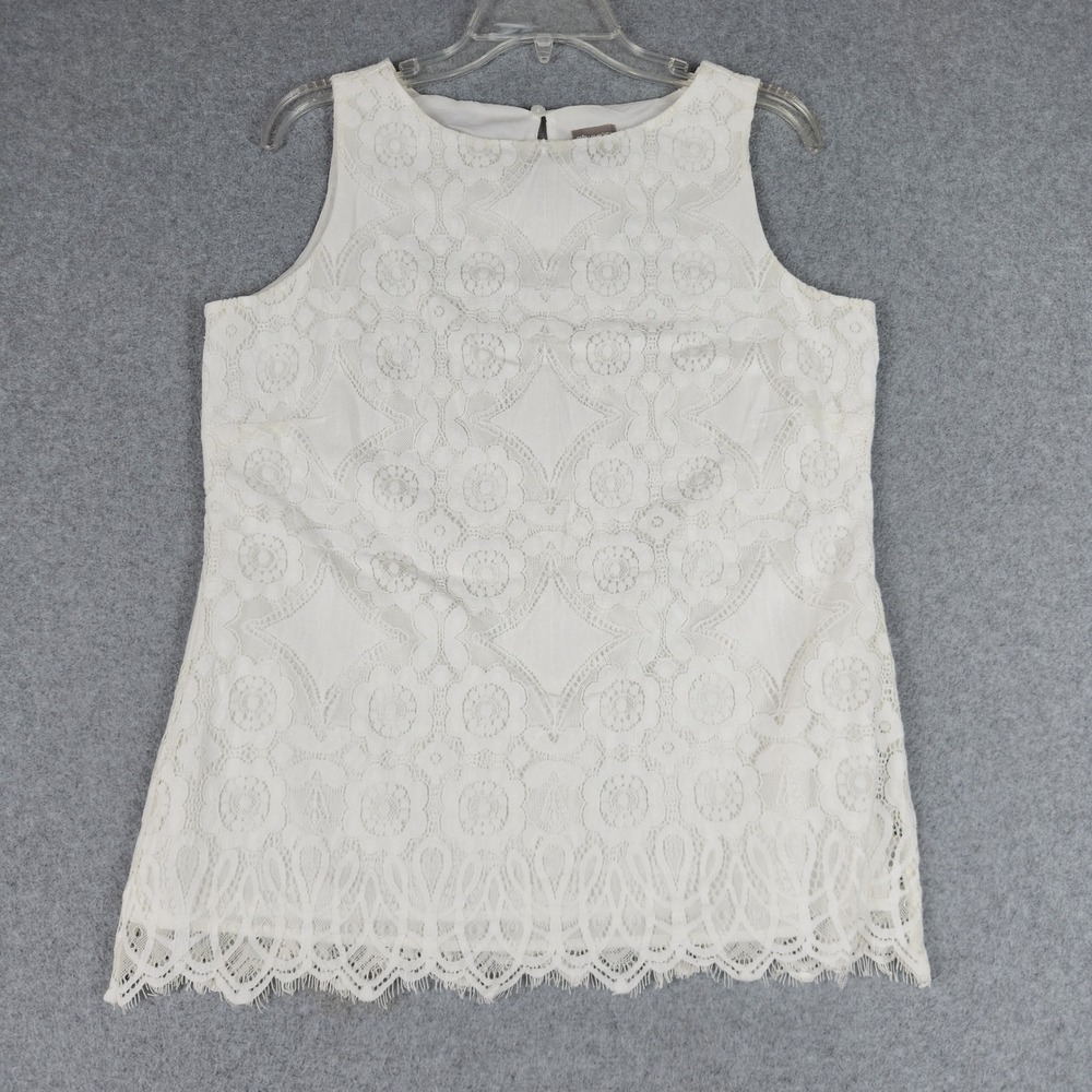 Chico's Lace Tank Top Womens 1 White Sleeveless Floral Eyelash Hem Round Neck